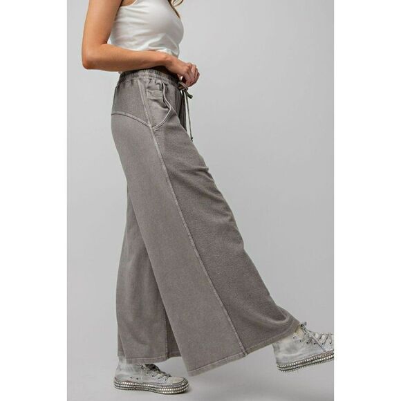 Easel Inside Out Mineral Washed Terry Knit Wide Leg Pants in Ash EB41437 - Picture 4 of 5